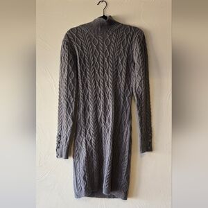 Cable Knit Turtleneck Sweater Dress - Open Back - Gray